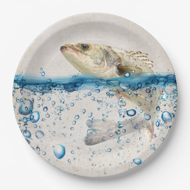 Big Fish Jumping Out of Blue Water Paper Plates (Front)