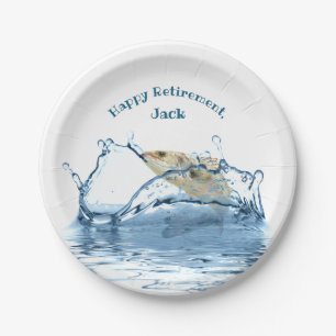 big fish jumping retirement party paper plates