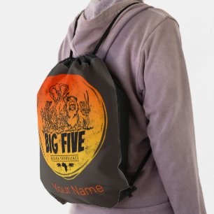 Big Five of Africa Safari Vintage Elephant, Lion Drawstring Bag