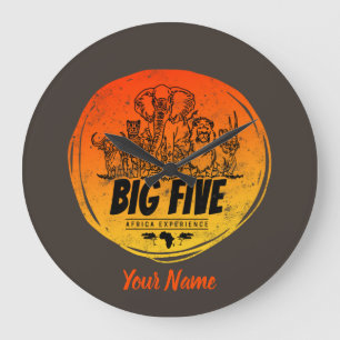 Big Five of Africa Safari Vintage Elephant, Lion Large Clock