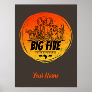 Big Five of Africa Safari Vintage Elephant, Lion Poster