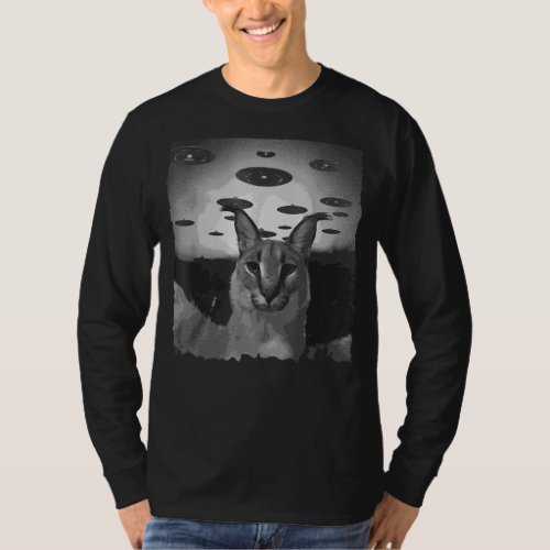 Big Floppa Cat selfie with Alien UFO black and whi T_Shirt