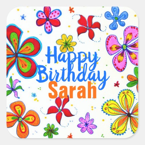 Big Flowers Happy Birthday Name Square Sticker