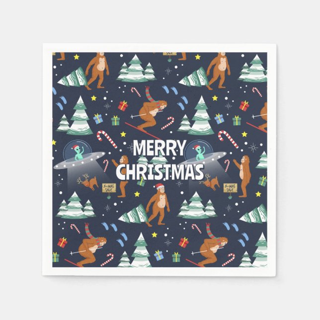 Big Foot, Aliens, & Reindeer Christmas Napkins (Front)