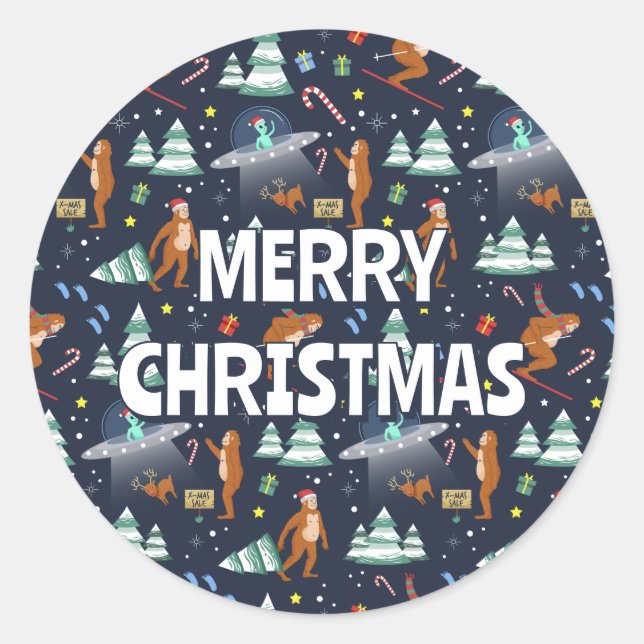 Big Foot, Aliens, & Reindeer Sci-Fi Christmas Classic Round Sticker (Front)