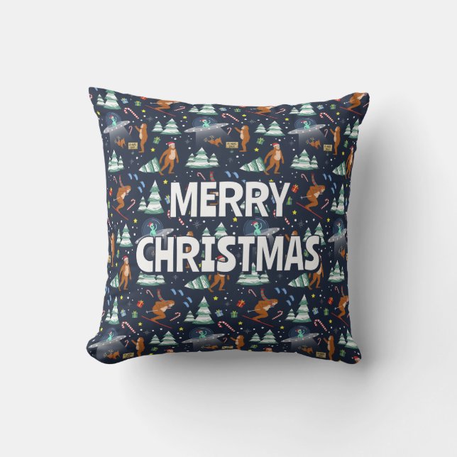 Big Foot, Aliens, & Reindeer Sci-Fi Christmas Throw Pillow (Front)
