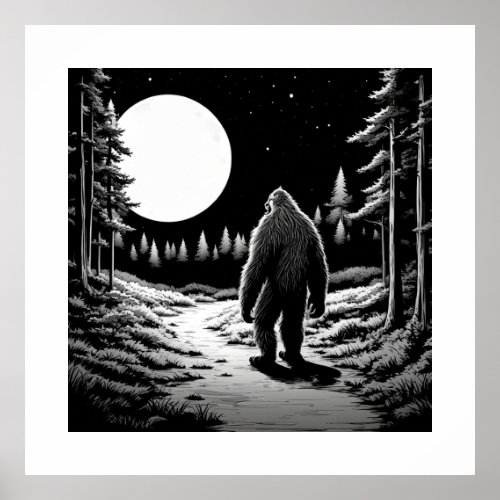 big foot in the wood at night on the moonlight poster