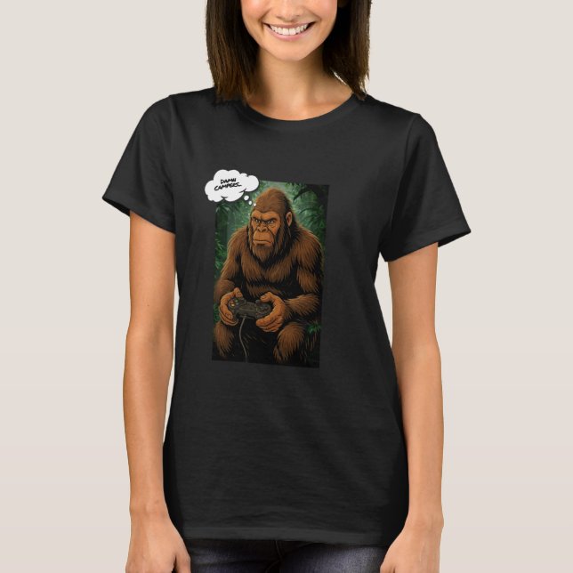 Big Foot Playing Video Games, Funny Sasquatch T-Shirt (Front)