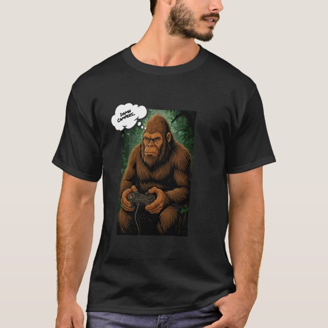 Big Foot Playing Video Games, Funny Sasquatch T-Shirt (Front)
