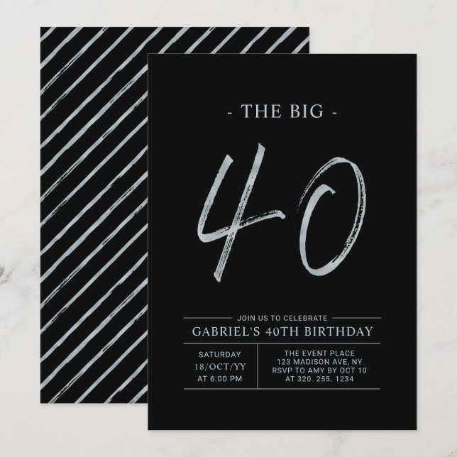 Big Forty | Silver & Black 40th Birthday Party Invitation (Front/Back)