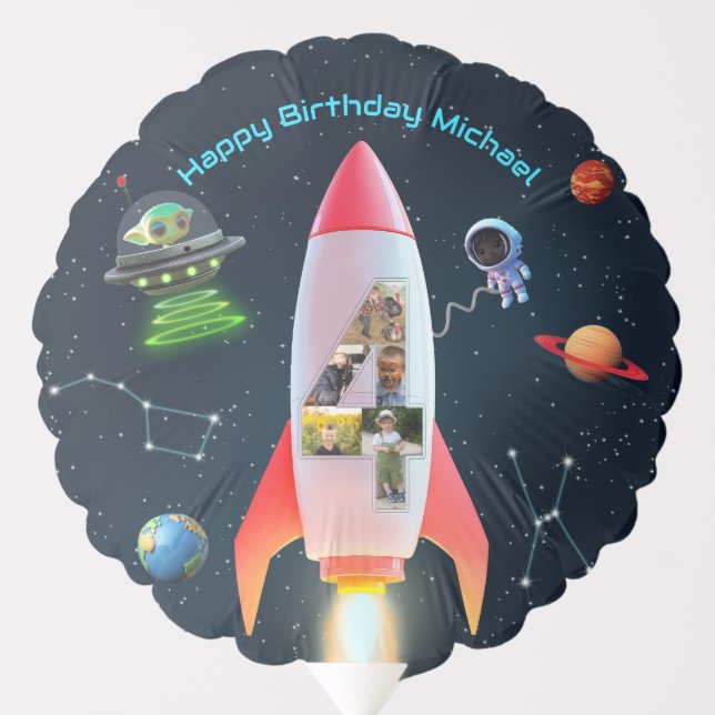 Big Four with Photos | Rocket Space 4th Birthday Balloon (Front)