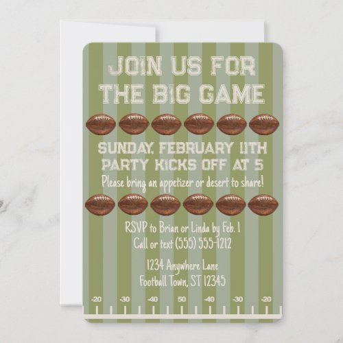 Big Game Bowl Game Green Football Field Party Invitation