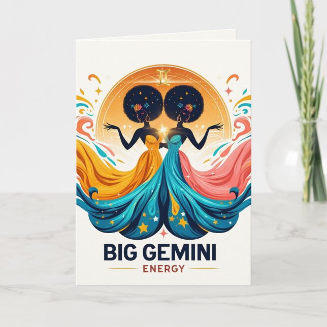 Big Gemini Energy Afro Goddess Zodiac Birthday Card (Front)