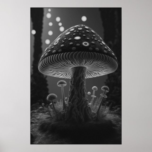 Big Glowy Mushroom - Black & White Poster (Front)
