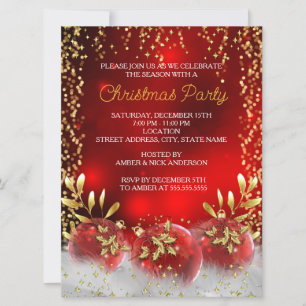 Big Gold Holly Bauble Red Christmas Holiday Party Invitation