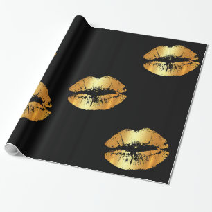 Big golden lips kisses on black wrapping paper