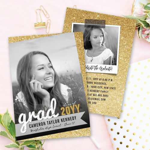 Big Grad Scribbles Gold Glitter Graduation Party Invitation