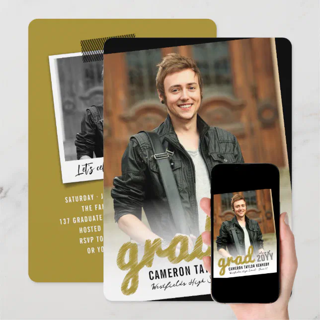 Big Grad Scribbles Photo Modern Graduation Party Invitation | Zazzle