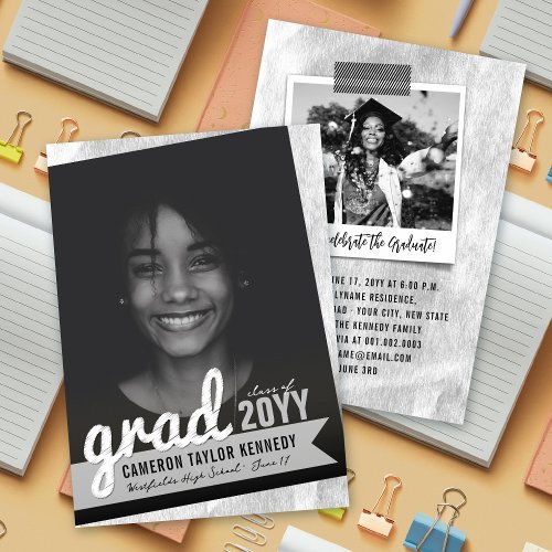 Big Grad Scribbles Silver Foil Graduation Party Invitation