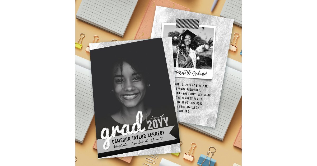 Big Grad Scribbles Silver Foil Graduation Party Invitation | Zazzle