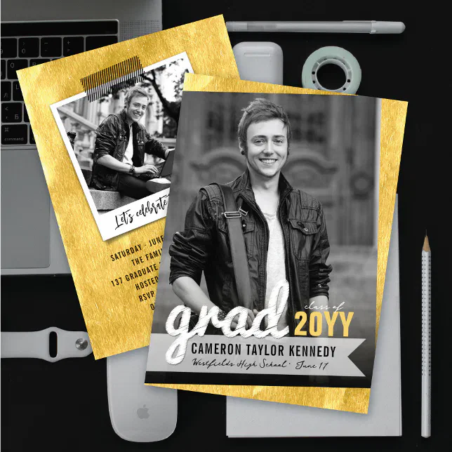 Big Grad Sketch Gold Foil Photo Graduation Party Invitation | Zazzle