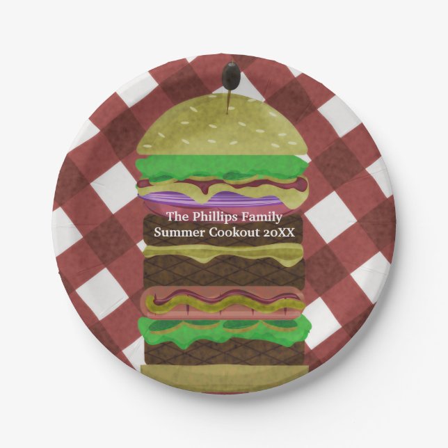 Big Greasy Hamburger Summer Cookout Red BBQ Party Paper Plates (Front)