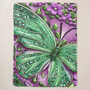 Big Green Butterfly, Purple Flowers Custom Name Sherpa Blanket