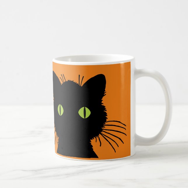 Big Green Eyed Black Cat Happy Halloween Design Coffee Mug (Right)