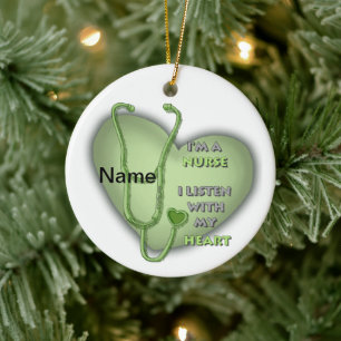 Big green heart nurse  ceramic ornament