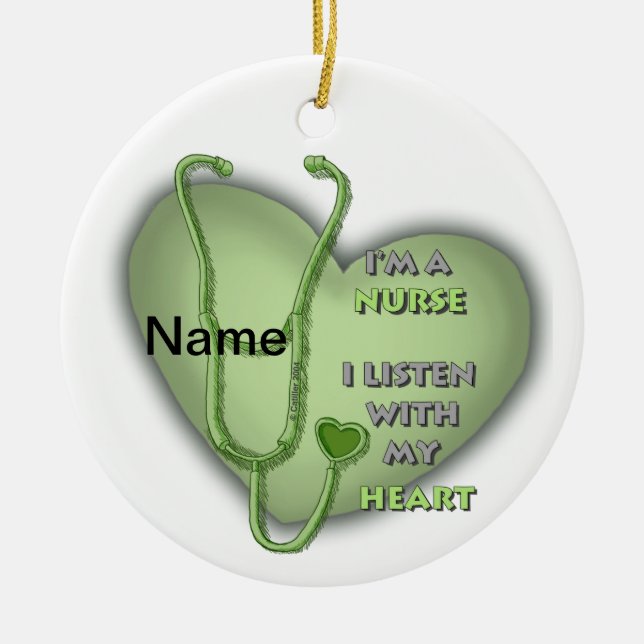Big green heart nurse  ceramic ornament (Front)