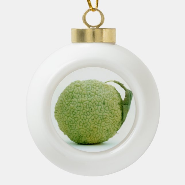 Big Green Hedgeapple Osage Orange Ceramic Ball Christmas Ornament (Front)