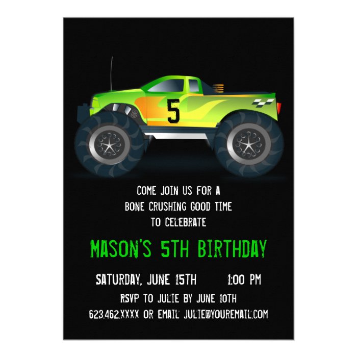 Big Green Monster Truck Birthday Party Invitations