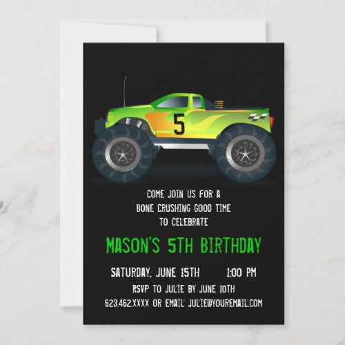 Big Green Monster Truck Birthday Party Invitations