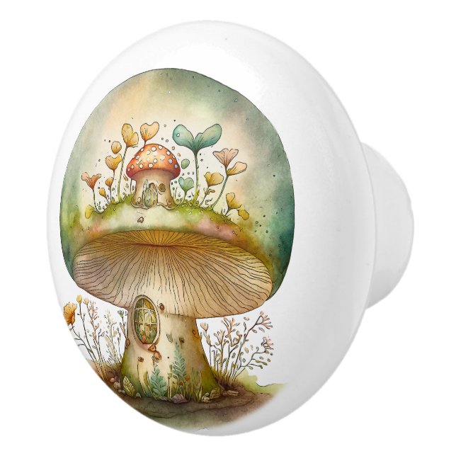 Big Green Toadstool Fairy House Ceramic Knob (Right)