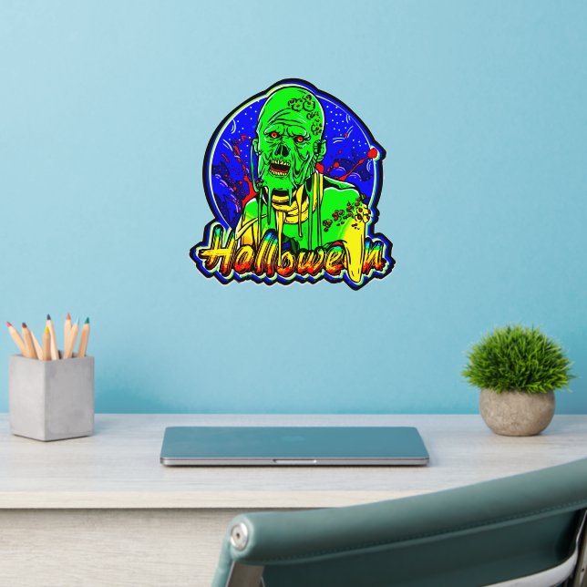 Big Green Zombie Monster Halloween Blue on 12" sq Wall Decal (Home Office 2)