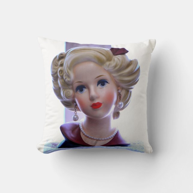 Big Hair Lady Head Vase Attitude Doll Throw Pillow (Front)