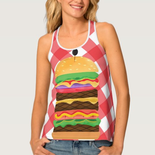 Big Hamburger Summer Burger Red  White Gingham Tank Top