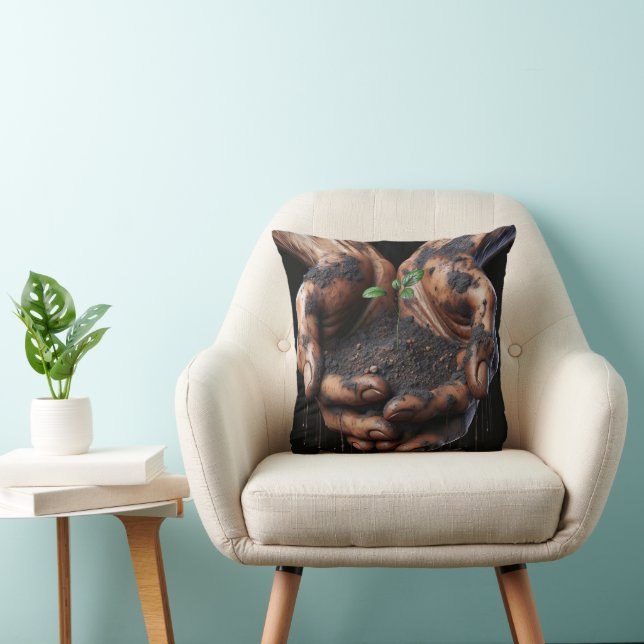 Big Hands Holding a Tree Sapling Throw Pillow (Chair)