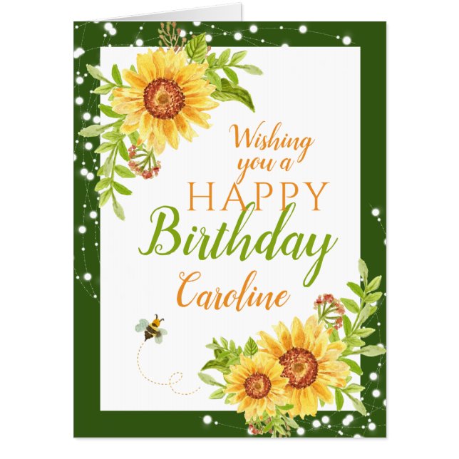 Big Happy Birthday Floral Sunflower White Card (Front)
