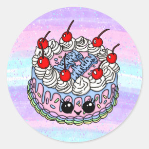 Big Happy Birthday Whimsical Hand drawn Cake Classic Round Sticker