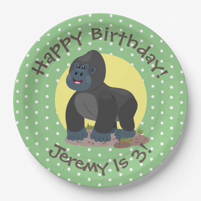 Big happy gorilla cartoon illustration paper plates (Front)