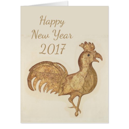 Big Happy New Year 2017 Rooster Watercolor Vintage Card