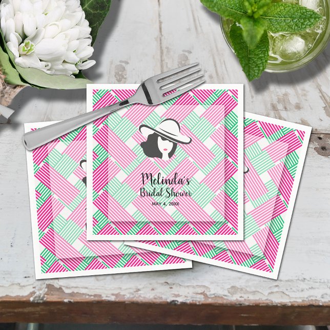 Big Hat Derby Bridal Shower Napkins (Derby hat Hot pink and green diagonal stripes bridal shower cocktail napkins)