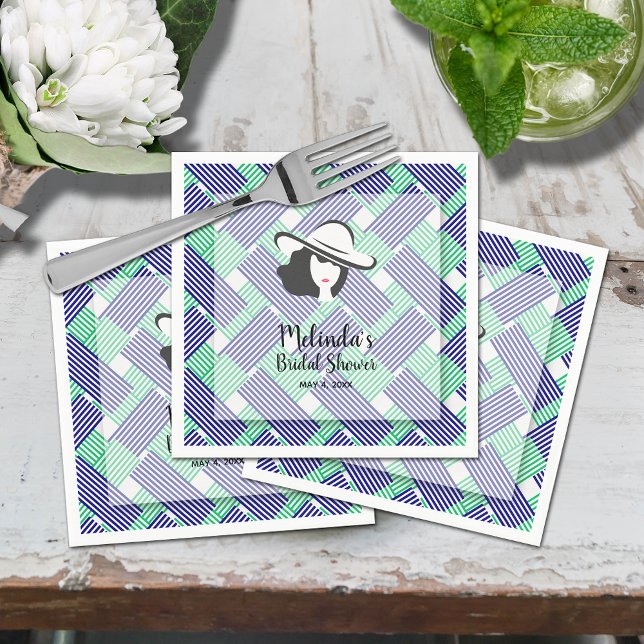 Big Hat Derby Bridal Shower Napkins (Derby hat blue and green diagonal stripes bridal shower cocktail napkins)