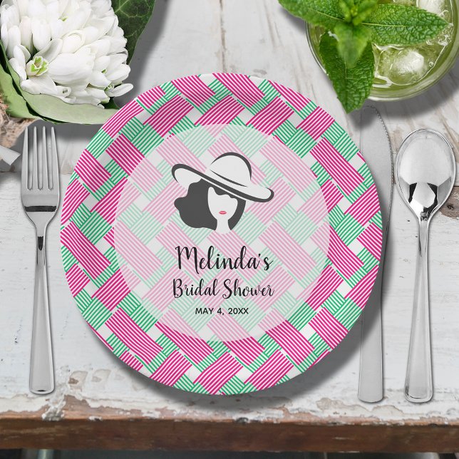 Big Hat Derby Bridal Shower Paper Plates (Big Derby hat lady on hot pink and green diagonal stripes bridal shower paper plates)