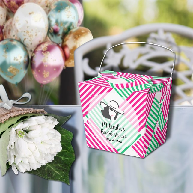 Big Hat Derby Lady Hot Pink Green Stripes 2" Favor Boxes (Big Derby hat lady on hot pink and green diagonal stripes takeout style bridal shower favor boxes)
