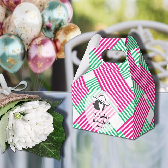 Big Hat Derby Lady Hot Pink Green Stripes Gable Favor Boxes (Big Derby hat lady on hot pink and green diagonal stripes gable style bridal shower favor boxes)