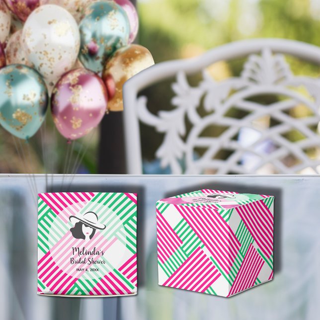 Big Hat Derby Lady Pink Green Stripes Square Favor Boxes (Big Derby hat lady on hot pink and green diagonal stripes square bridal shower favor boxes)