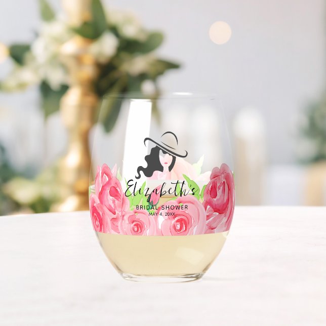 Big Hat Lady Roses Bridal Shower Stemless Wine Glass (Insitu (Wedding))