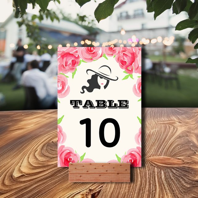 Big Hat | Watercolor Roses Derby Party Table Number (Big Hat and Roses Derby Party Table Number Cards 3.5" x 5" - ultra thick cards or semi-gloss)